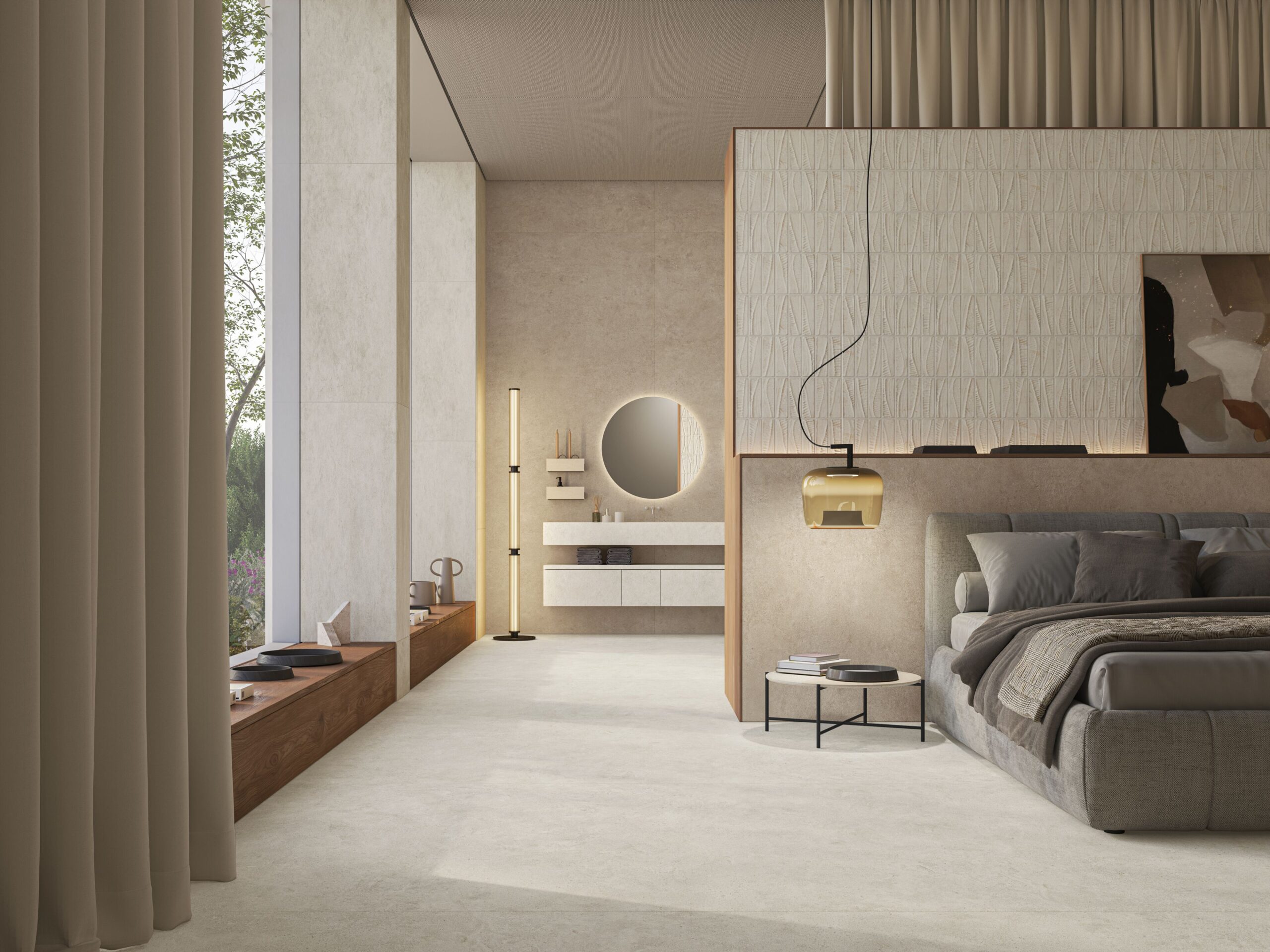 Bedroom with textured stone walls by Atlas Concorde