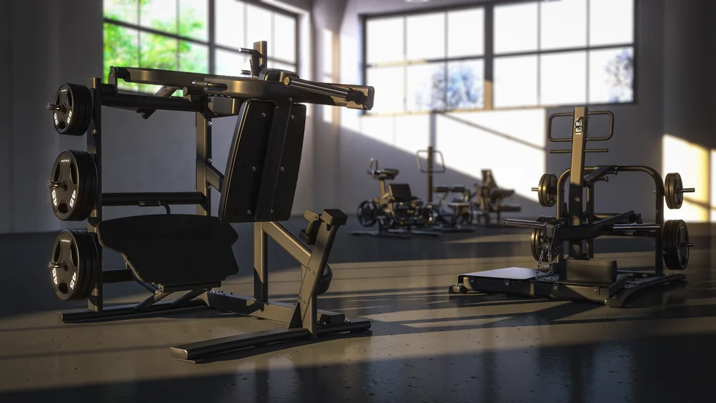 Matrix Fitness — MX GROUP RENDER MAGNUM PL80+PL81 legs Matte Blk in-env morning detail front-angle close