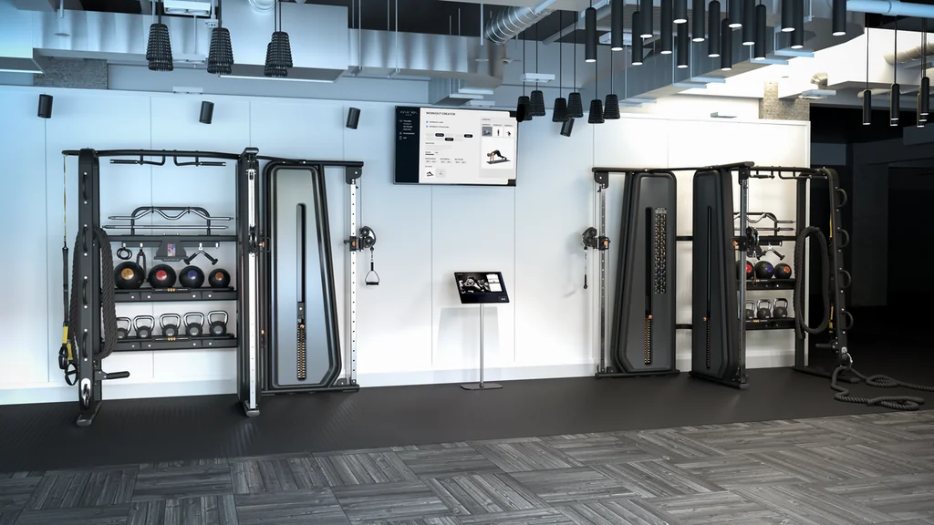 Matrix Fitness — MX GROUP RENDER Exercise kiosk+CnxsCrest w-acc in-env detail front angle