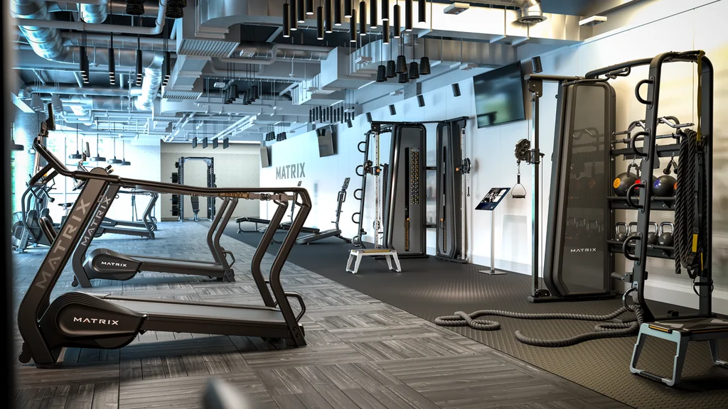 Matrix Fitness — MX GROUP RENDER S-Drive+Stretch+TBCC+CnxsHub-Crest w-acc in-env detail front angle