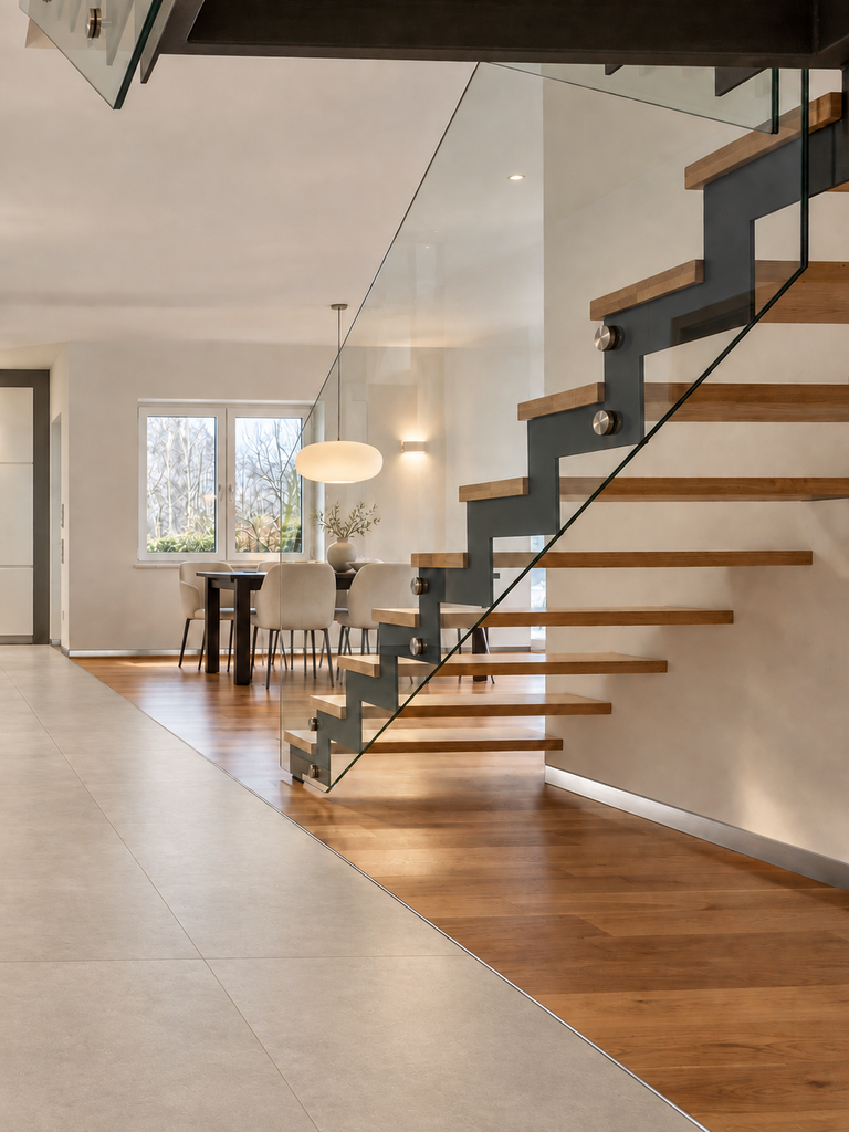 PROGRESS PROFILES — Warm greige slab staircase interior