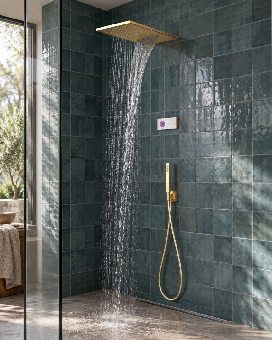 Tres Griferia Shower technology 3-way concealed electronic thermostatic kit matt gold