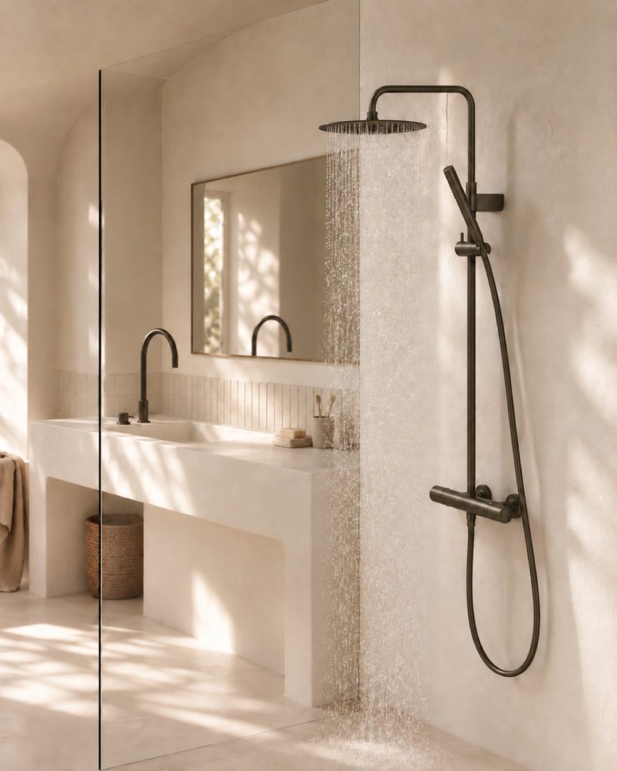 Tres Griferia Over-wall thermostatic shower mixer 2-way black bronze