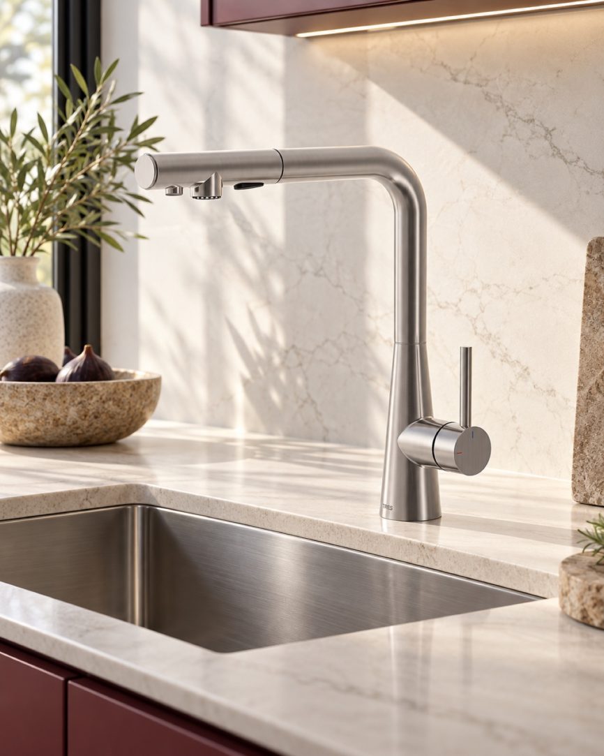 Tres Griferia Dual-source single-lever kitchen mixer with pull-out steel