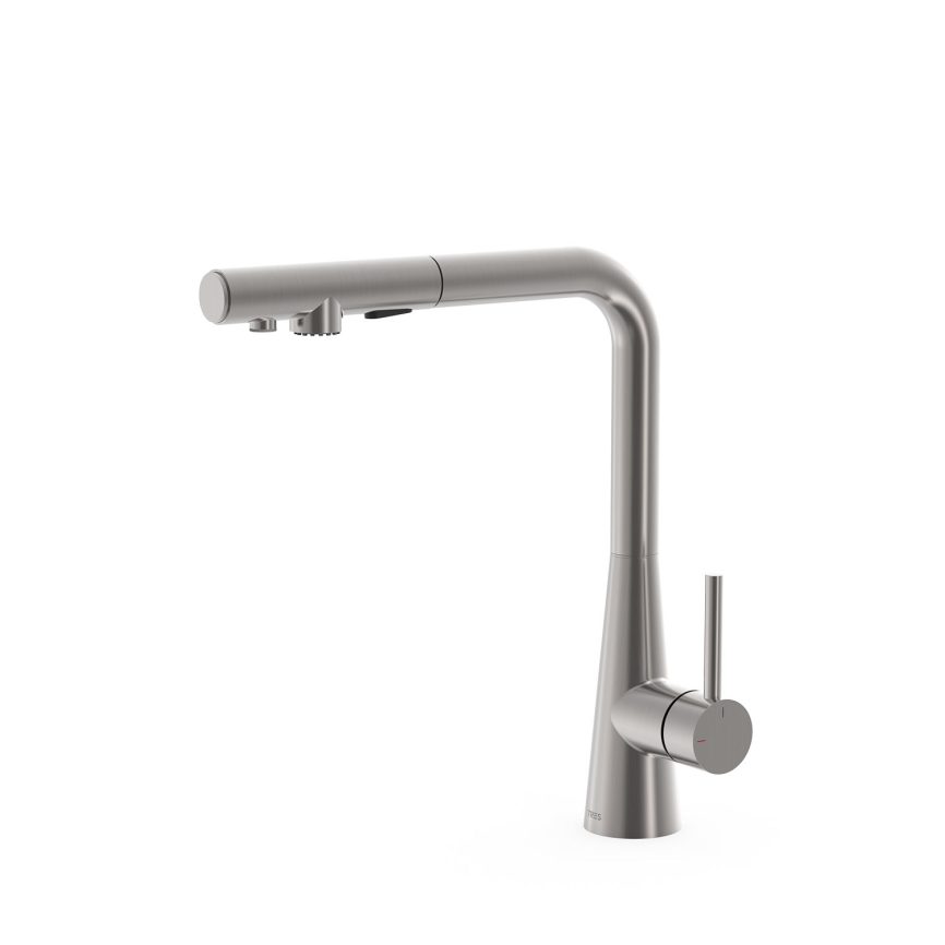 Tres Griferia Dual-source single-lever kitchen mixer with pull-out steel