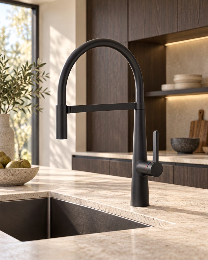 Tres Griferia Single-lever kitchen mixer with flexible spout matt black