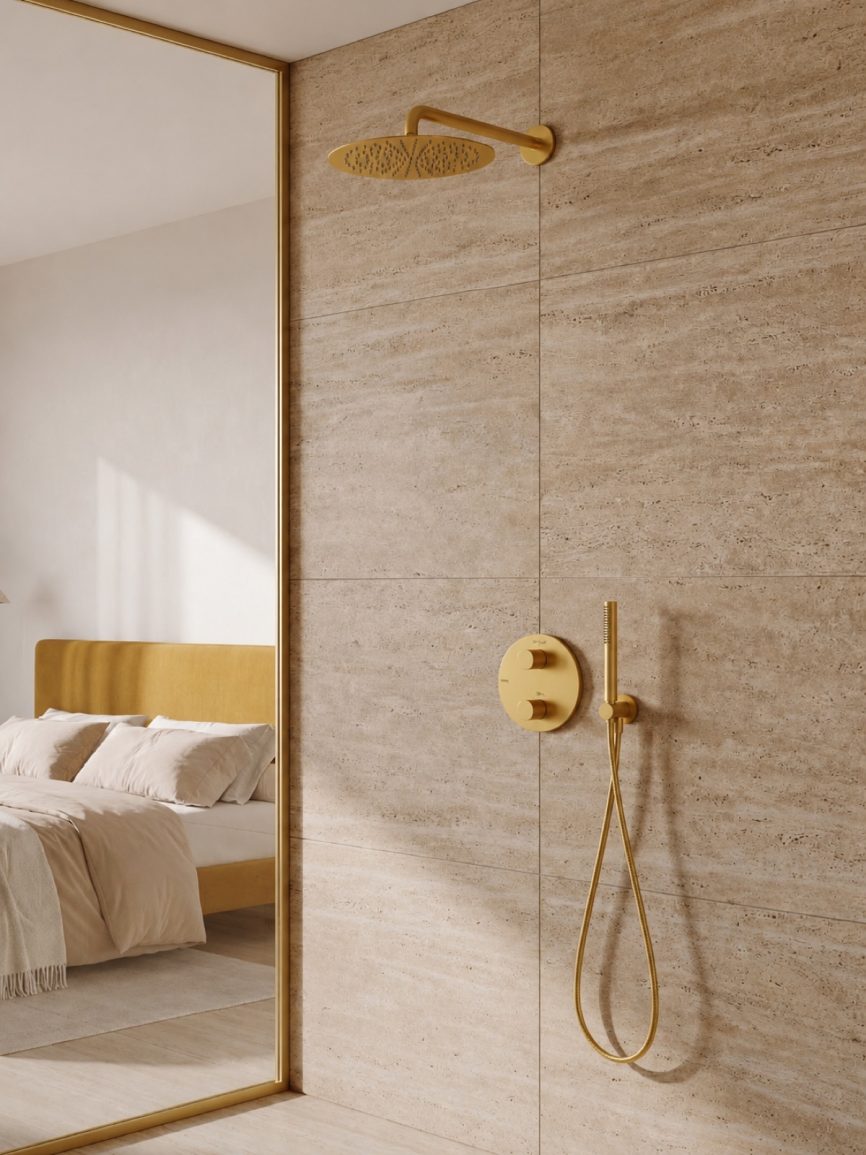 Tres Griferia Therm-box 2-way concealed thermostatic shower kit matt gold